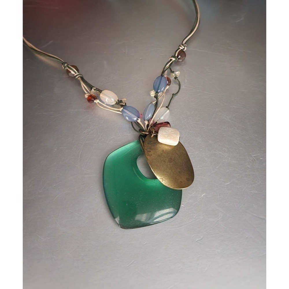 Vtg HS Signed Collar Necklace Green Acrylic Pendant‎ Avon Multi-Strand Cord 16"